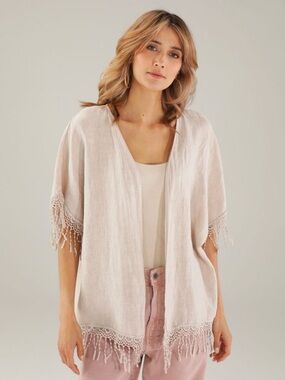 Valentina Naldi Linen Kimono Cover Up Cream Fringe Boho Italy OS M/L